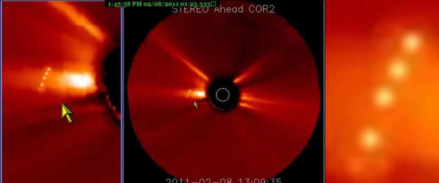 之前,有UFO爱好者在美国太阳观测卫星的影像资料中发现太阳附近有UFO存在。根据距离推测,这些UFO体积应该非常巨大,酷似外星舰队。