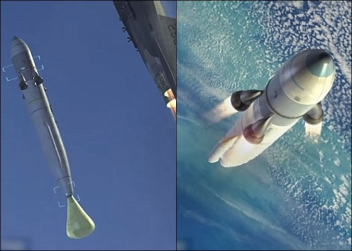 战机垂直爬升至指定高度后释放火箭,后者第1节随即点火,继续升空。