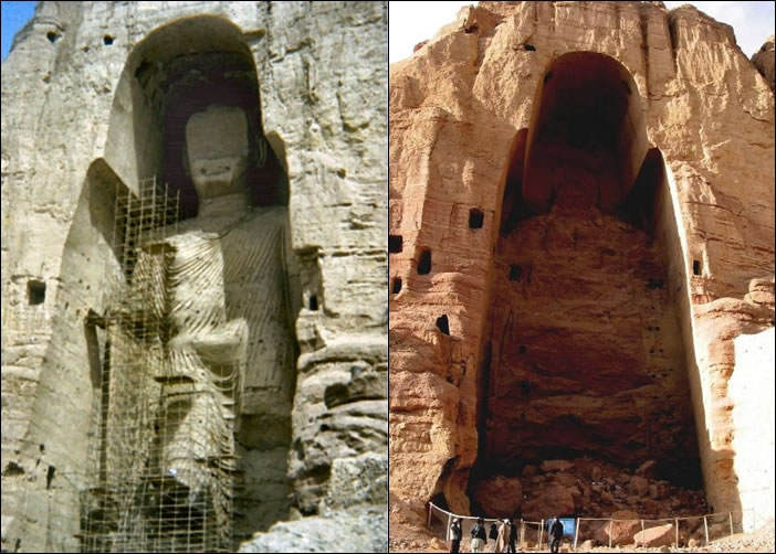 巴米扬大佛(左图)在2001年被塔利班政权以炮火摧毁(右图)。
