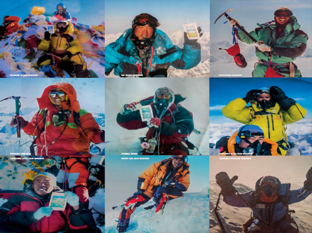 有人在峰顶挥舞冰斧,有人举起旗帜、家庭合照或祈祷卡。像这样由雪巴族登山者拍下的照片,在圣母峰地区各处的茶馆和住家墙壁上都看得到。