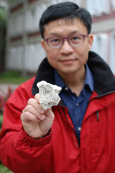沈川洲教授手拿着正是采自勒鹿遗址珊瑚金字塔微孔珊瑚标本(图/沈川洲教授提供)