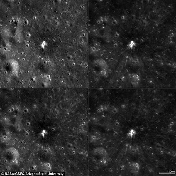 在月球上形成的一个新撞击坑,每幅图片覆盖1837英尺(约合560米)的区域。一直以来,月球便不断遭到宇宙碎片的撞击,表面坑坑洼洼。根据科学家的观测,这个物体撞击