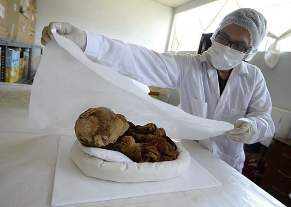 考古人员在遗址中发现40具保存完好的木乃伊,包括图中一具婴儿木乃伊。
