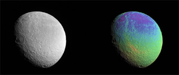 2015年2月9日卡西尼探测器拍摄的土星冰卫星“土卫五”,距离该卫星大约5万至8万公里,图像中可观察到土卫五表面细微的颜色变化