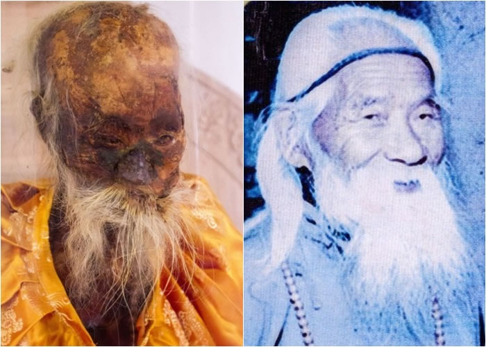 102岁高僧吴云青98年圆寂后,其肉身至今仍未腐烂,图右为其生前照。