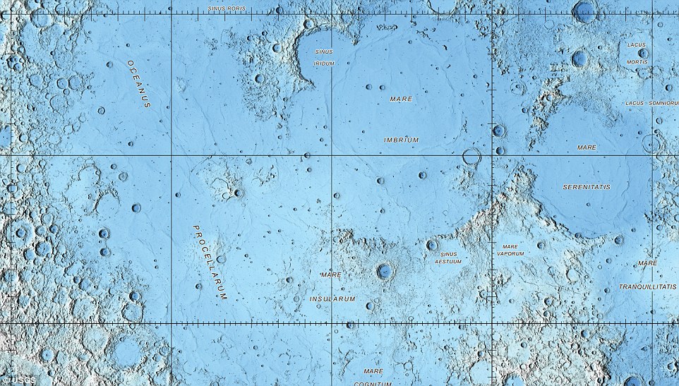 最新版月球地图绘制了月球上许多地形结构的特点,从撞击坑到玄武岩平原都包括在内,其中风暴洋的地形尤为引人注目。早期的理论认为风暴洋的形成来自小行星撞击,形成了直径