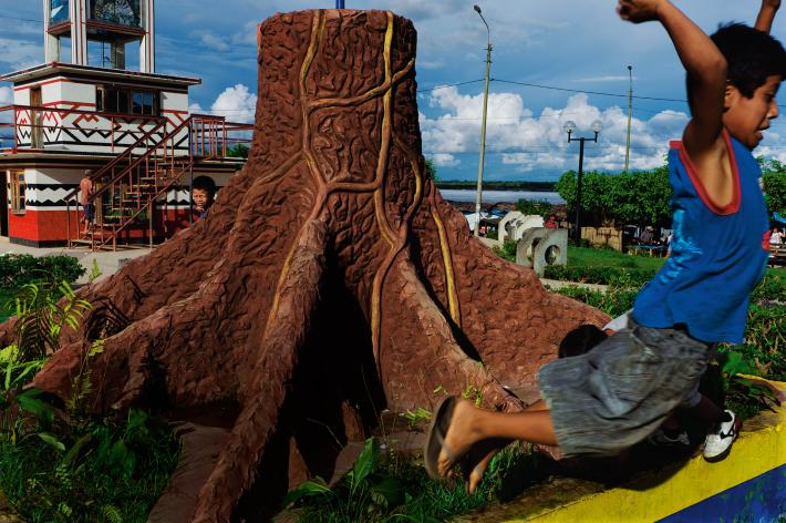 普卡帕这座公园中的桃花心木雕塑,象征着这种树对秘鲁经济的重要性。这张照片出现在2013年的一期《国家地理》杂志中,报导的主题是盗伐所导致的森林荒废现象。 (Ph