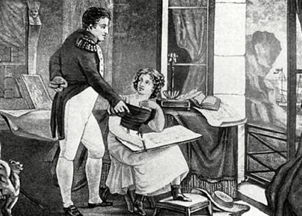 拿破仑一世战败后被放逐到海伦娜。图为一幅他与一名女性友人交谈的画像。