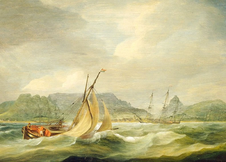 有画作描绘出船只离开南非开普敦时的情况