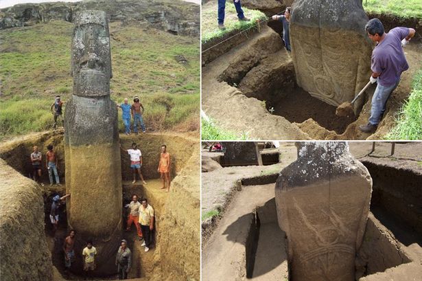 科学家挖出地上泥土,可见毛埃石像背后刻有图案。