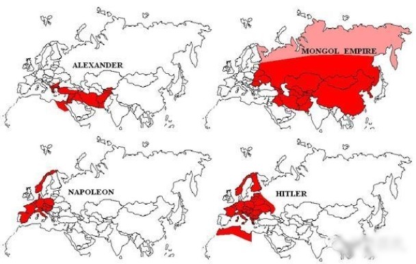 蒙古帝国与历史其他帝国的比较。(左上:亚历山大大帝的国土、左下:拿破仑的国土、右下:希特勒的国土)
