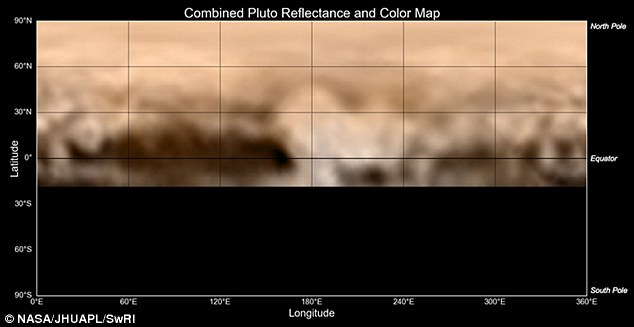 图片显示左侧赤道处有一条形态似“鲸”的黑色区域,并且“鲸”尾部还有一个宽约350公里的环形带。天文学家表示,由于“新视野”号探测器距离冥王星仍然太远,传回的图片