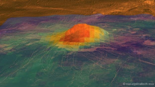 这是温度图,可以看到金星表面的艾敦山(Idunn Mons)的温度似乎要高于周围地区,显示其内部存在高温岩浆