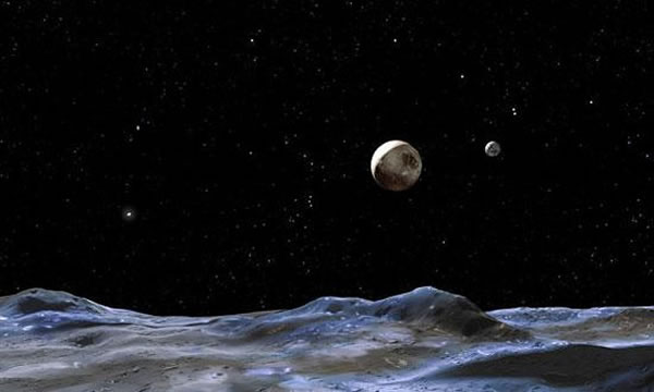 艺术效果图:冥卫三上看到的星空。左边是冥王星,右边是冥卫一,冥王星左边远处亮光点为冥卫二