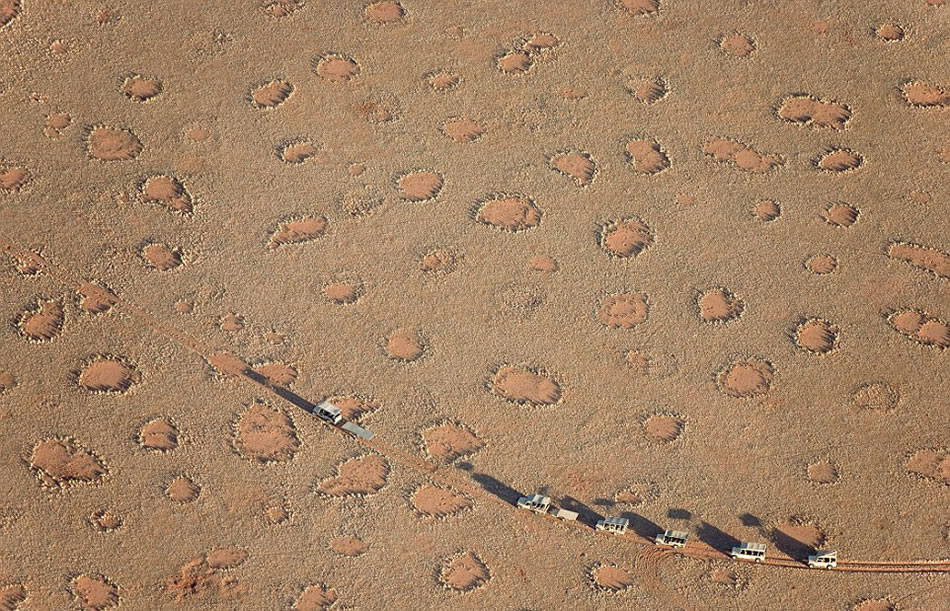 正在纳米比亚荒漠上行进的车队,有时候需要穿过“精灵怪圈”