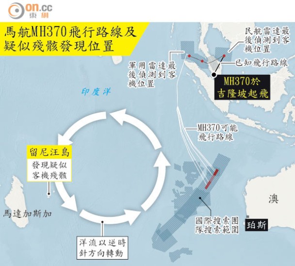马航MH370飞行路线及疑似残骸发现位置