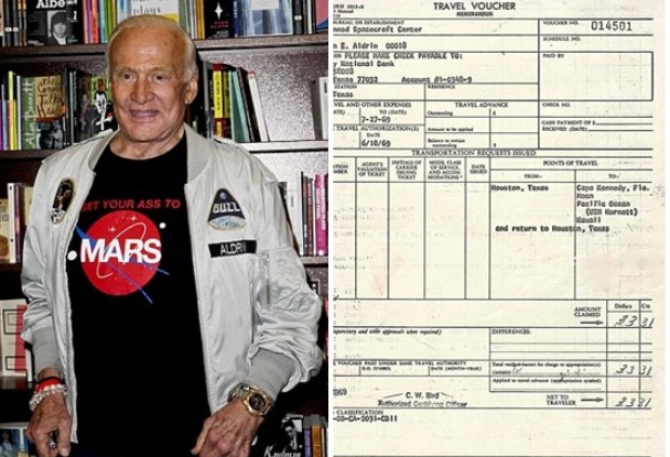 美国太空人奥尔德林(左图)跟阿姆斯特朗于1969年登陆月球。单据(右图)显示的旅程费用仅为33.31美元。