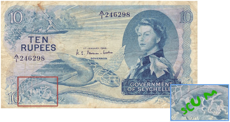 同期10卢比钞票中海龟脚蹼下有一个“泡沫”字符,仿佛暗讽英国殖民统治。