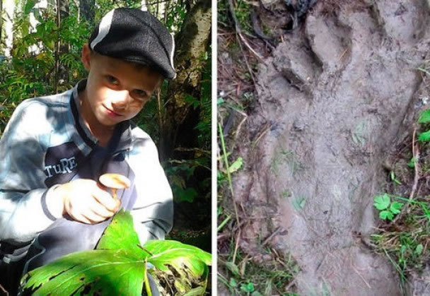丹尼斯(左)发现的巨型脚印边缘很锐利(右),或意味该生物刚留下脚印不久。