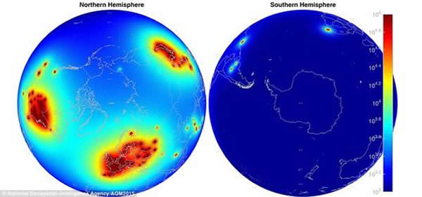 对来自核反应堆的反中微子的探测,有助于科学家进一步了解核反应过程,以及未来可能的防核应用。图中显示了南、北半球核反应堆的反中微子活动热点,重点区域为欧洲、美国和