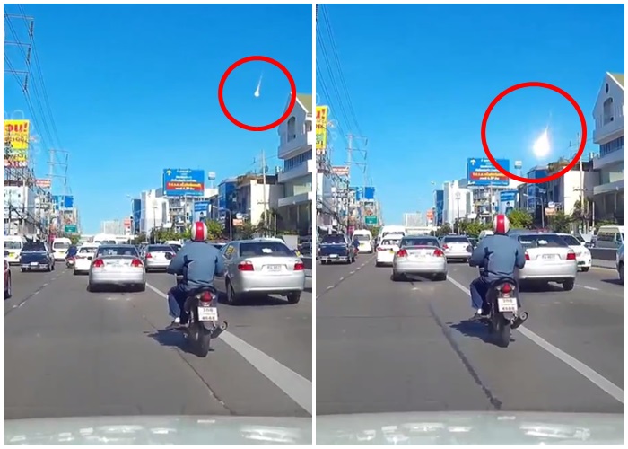 蓝天中一道火光从天而降,接近地面时更爆出一团火球。