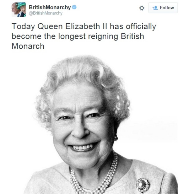 英国皇室在英女王打破纪录的一刻,在网上贴文道贺。