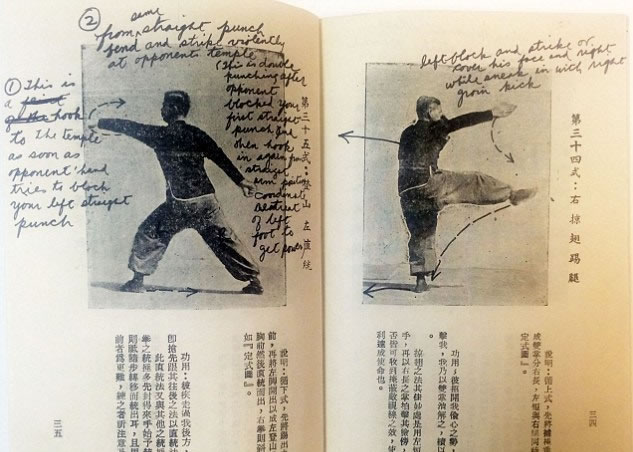 右图为第34式“右掠翅踢腿”,左图为第35式“登山左直统”。