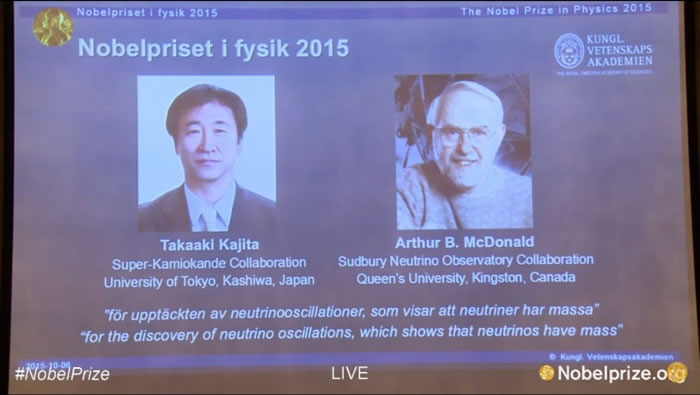 诺贝尔委员会公布梶田隆章(左)及麦克唐纳(右)得奖。