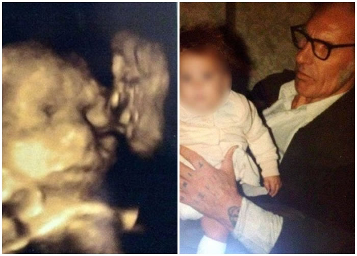 4D超声波照片(左图)中惊见,已去世的霍恩斯比(右图)噘起嘴在亲吻曾孙。
