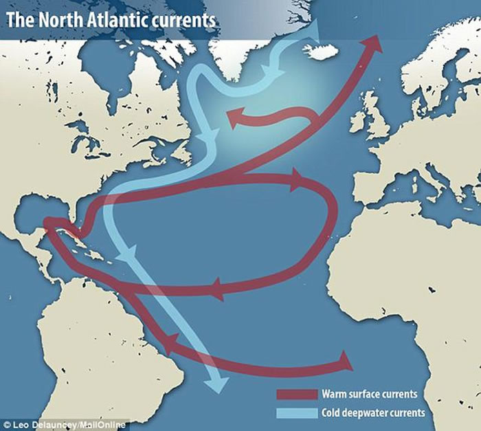 如果大西洋经向翻转环流出现异常,那么温暖的表面流就无法进入高纬度地区,短期内可造成某些地区更加寒冷,远期可影响北大西洋的气候