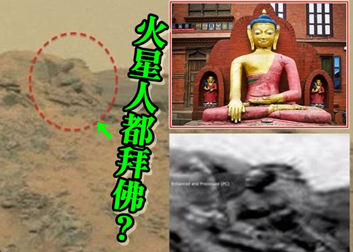 UFO迷称在火星发现“佛像”(红圈及右下图)。右上图为真实的佛像。
