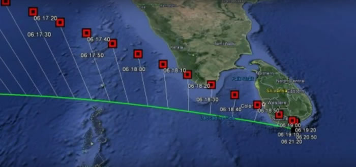 计算得出的神秘小天体“WT1190F”陨落轨迹,图中时间为斯里兰卡当地时间。