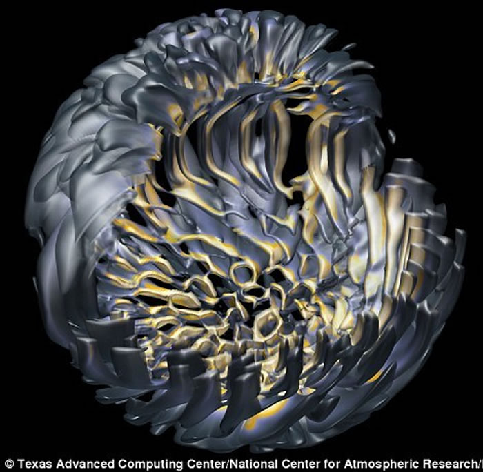 这些模型由德克萨斯州大学奥斯汀分校的研究人员研发。被模拟的这颗恒星质量与太阳相仿,但自转的速度比太阳快五倍。