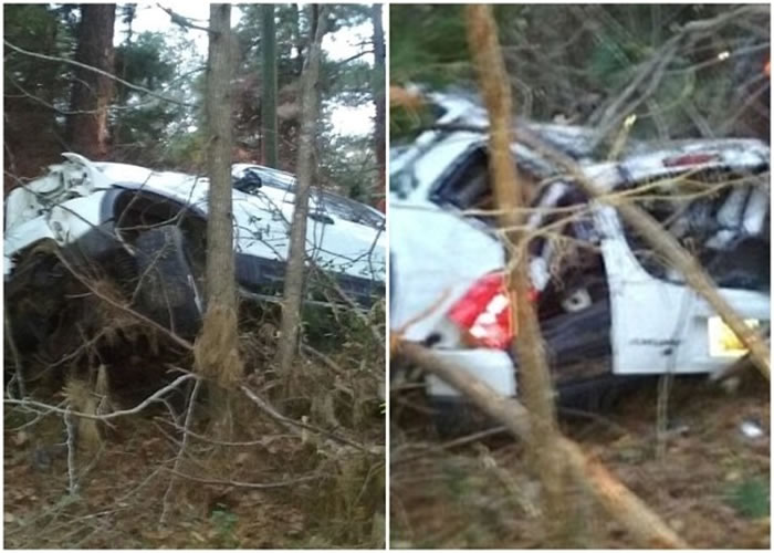 汽车上铲上大树(左图),车门飞脱(右图)。