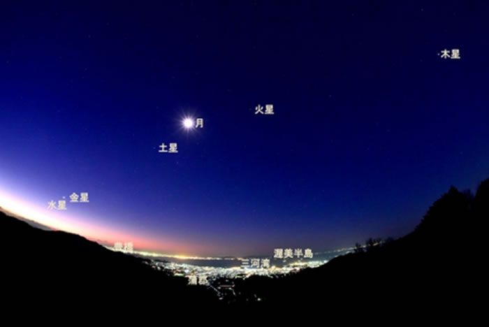日本市民拍摄到月亮与火星、水星、木星、金星、土星齐聚天空的景象