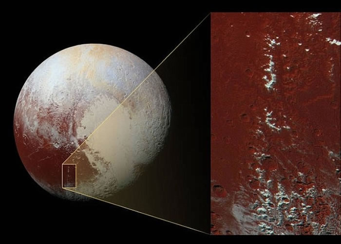 冥王星表面的一道山脉上,覆盖着雪一般的物质。