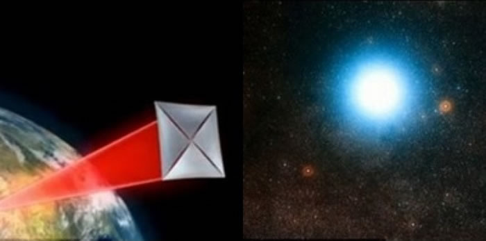 模拟图解显示,以激光驱动的微型探测器(左),预期20年后抵达半人马座阿尔法星系(右)。