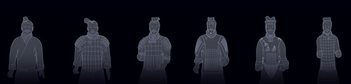 由左至右分别为:轻装武士、铠甲武士、低阶军吏、中阶军吏、高阶军吏(将军)、战车御手。(摄影:O. LOUIS MAZZATENTA,《国家地理》杂志2012年6