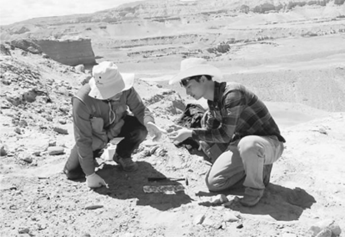 在札达盆地,本报记者喻思娈(右)在考察队员指导下固定化石。孙博阳 摄