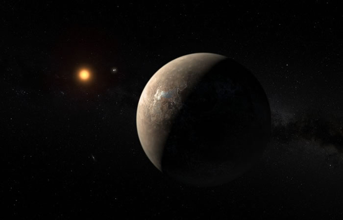 图为画家笔下Proxima b(右)围绕比邻星(左)运行的情形。