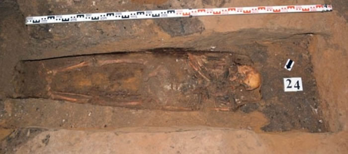 考古学家发现了骸骨。