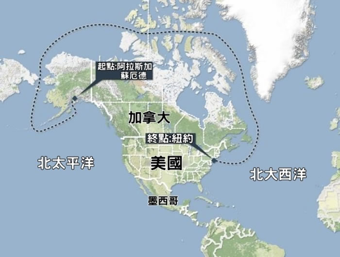 尚宁号由阿拉斯加出发,以纽约为终点。