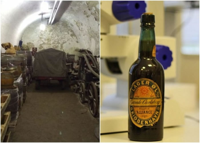 啤酒厂员工在地牢发现古老啤酒(右)。