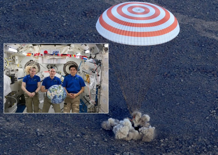 鲁宾斯(小图左)、埃文尼辛(小图中)及大西卓哉(小图右)的太空舱在哈萨克着落。