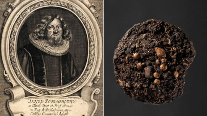 该坨陈年粪便(右)内含当年上流社会的食物残馀,因此疑为丹麦主教伯切洛(左)的“出品”。