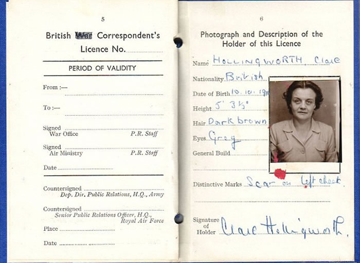 霍林沃思的英国战地记者证。