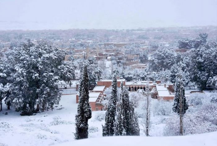 沙漠小镇成为银白世界,民众把握难得机会爬上沙丘玩雪。
