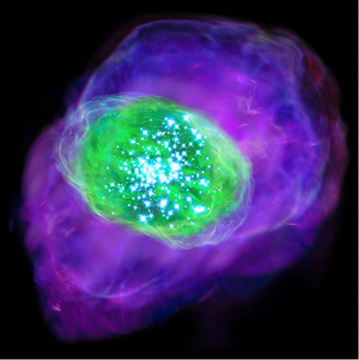 团队观测到距离地球131亿光年的星系中,有电子分离出的氧气发出绿色光芒。