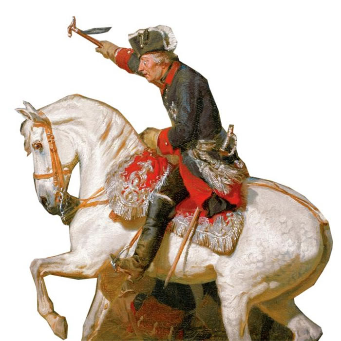 军事神话 腓特烈二世会亲自领军上战场,除了英勇外,也被认为是军事专家,甚至军事天才。他最大的胜利是1757年的鲁腾会战,击败了人数多一倍的敌军。拿破仑日后认为此