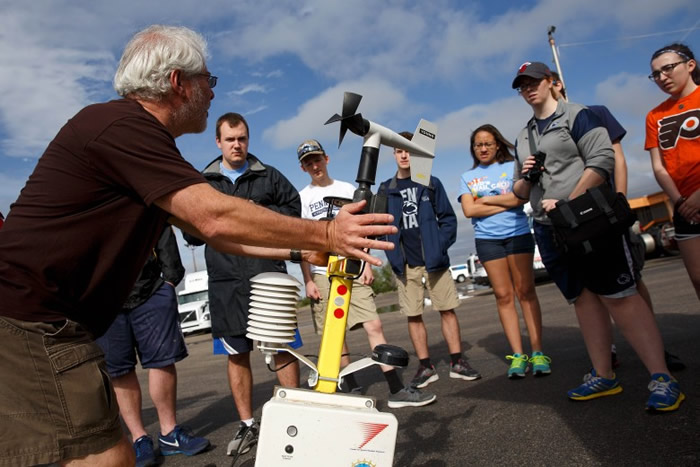 胡文博士(左)为来实习的气象学生讲解测风工具用途。